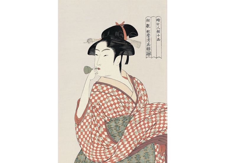 浮世絵 喜多川歌麿 ビードロを吹く娘 木版画 - 美術品